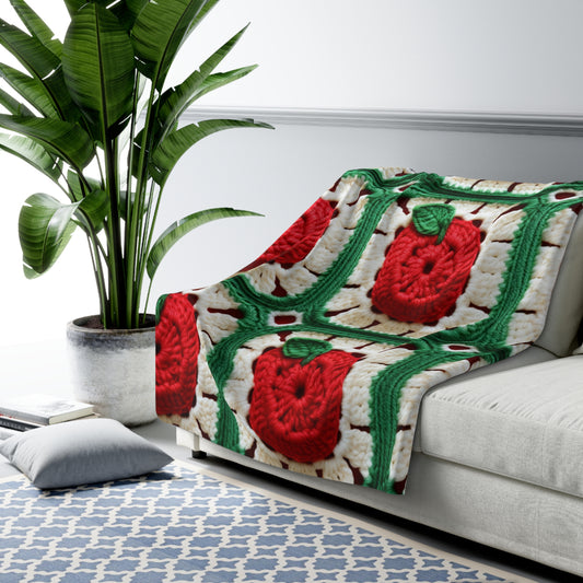 Apple Granny Square Crochet Pattern: Wild Fruit Tree, Delicious Red Design - Sherpa Fleece Blanket