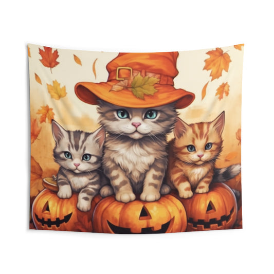 Kitty Cat Kittens Halloween - Cute Furries on Pumpkin - Festive Feline Decor - Indoor Wall Tapestries