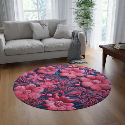 Denim Blue Doll Pink Floral Embroidery Style Fabric Flowers - Round Rug