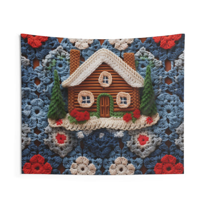 Cottagecore Log Cabin Crochet, Christmas Winter House Design, Rustic Holiday - Indoor Wall Tapestries