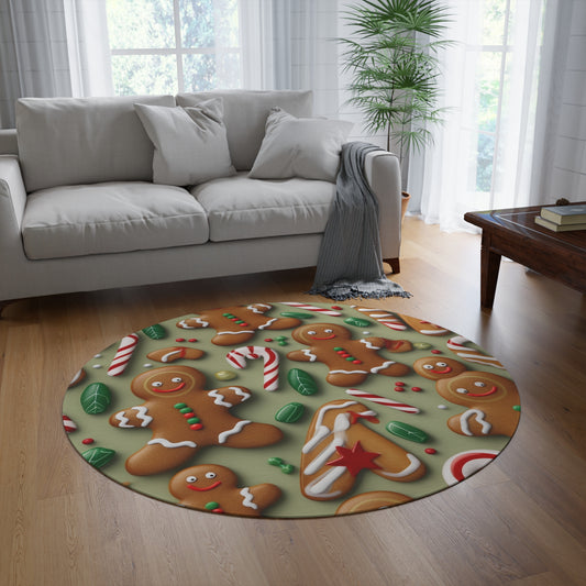 Gingerbread Man Christmas Cookie - Tree - Candy Cane - Round Rug