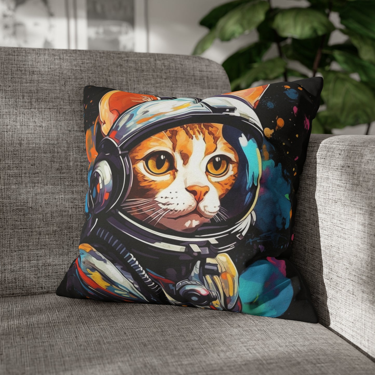 Astro Cat Adventure Feline - Pop Art, Floating in Cosmic Space - Spun Polyester Square Pillow Case