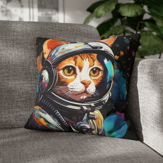 Astro Cat Adventure Feline - Pop Art, Floating in Cosmic Space - Spun Polyester Square Pillow Case