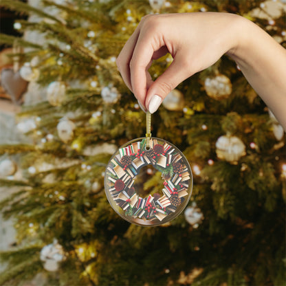 Holiday Book Wreath: Festive Literary Book Lover & Christmas Pinecone Arrangement - Glass Ornaments