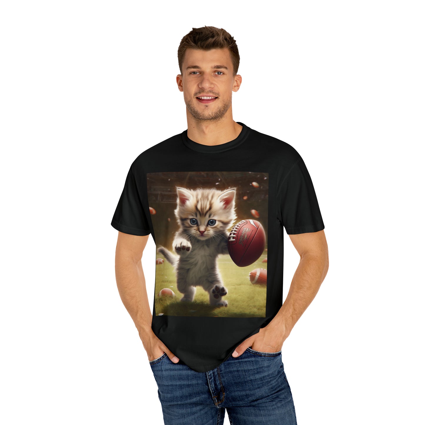 Football Kitty Fantasy: Feline Cat American Sport Quarterback - Unisex Garment-Dyed T-shirt