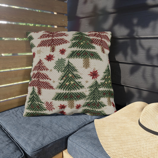 Embroidered Christmas Winter, Festive Holiday Stitching, Classic Seasonal Design - Outdoor Pillows