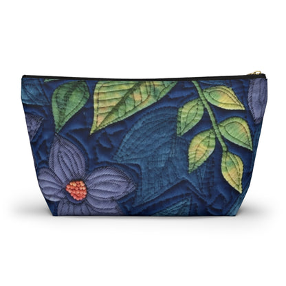 Floral Embroidery Blue: Denim-Inspired, Artisan-Crafted Flower Design - Accessory Pouch w T-bottom