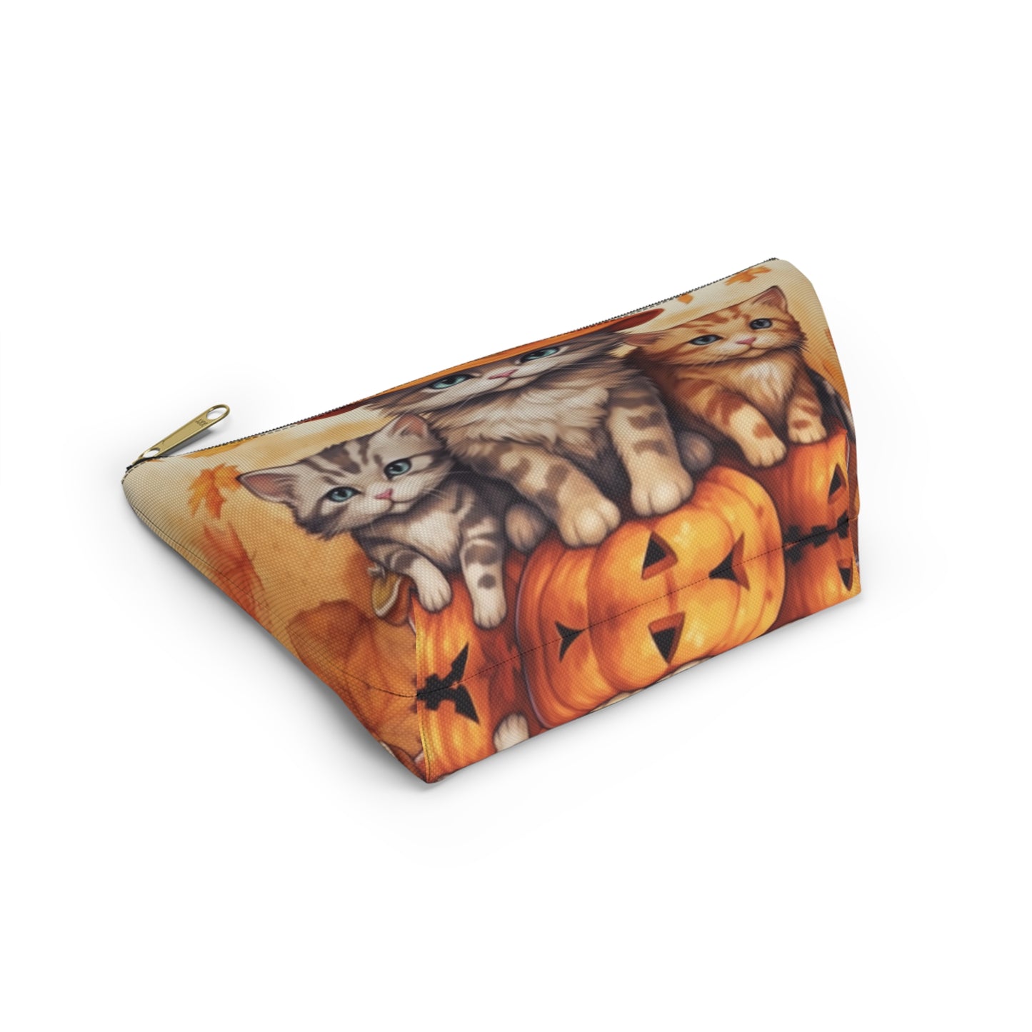 Kitty Cat Kittens Halloween - Cute Furries on Pumpkin - Festive Feline Decor - Accessory Pouch w T-bottom