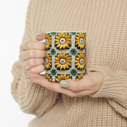 Elegancia de crochet de girasol, diseño Granny Square, motivo floral radiante. Lleva la calidez de los girasoles a tu espacio - Taza de cerámica 11oz 