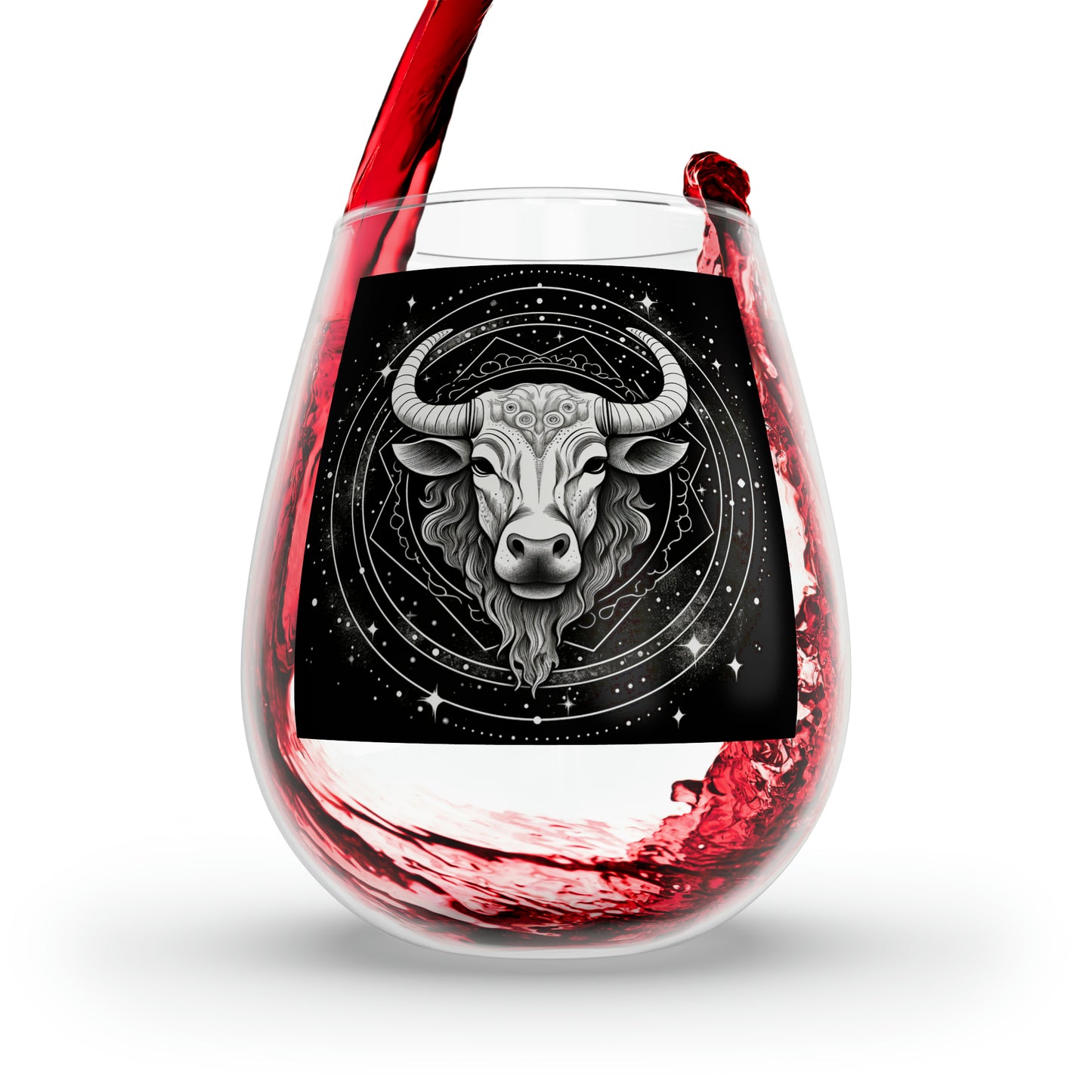 Taurus Zodiac - Stemless Wine Glass, 11.75oz - Restaurant-Grade Clear Glass - Unique Black & White Design