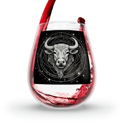 Taurus Zodiac - Stemless Wine Glass, 11.75oz - Restaurant-Grade Clear Glass - Unique Black & White Design