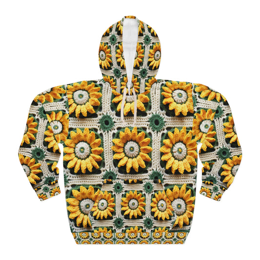 Sunflower Crochet Elegance, Granny Square Design, Radiant Floral Motif. Bring the Warmth of Sunflowers to Your Space - Unisex Pullover Hoodie (AOP)