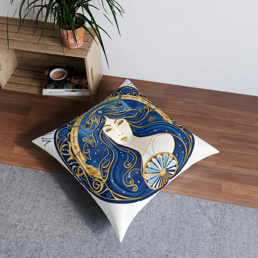 Virgo Zodiac Circular Symmetry in Gold Royal Blue - Tufted Floor Pillow, Square
