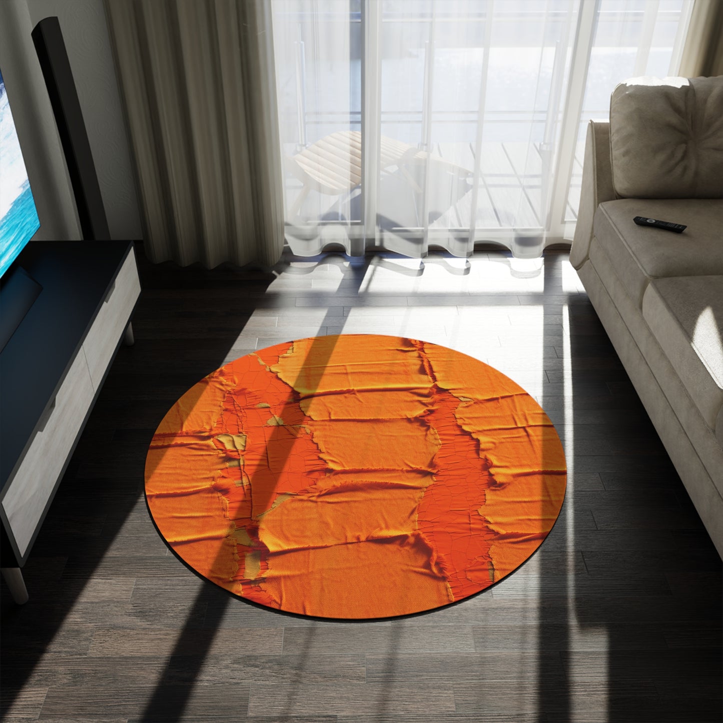 Fiery Citrus Orange: Edgy Distressed, Denim-Inspired Fabric - Round Rug