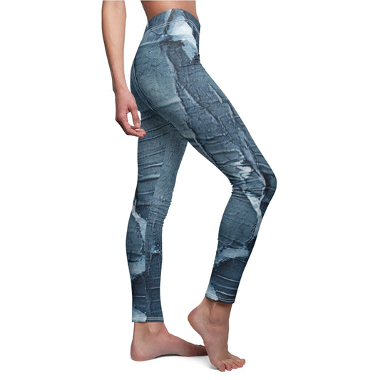 Distressed Blue Denim-Look: Edgy, Torn Fabric Design - Women's Cut & Sew Casual Leggings (AOP)