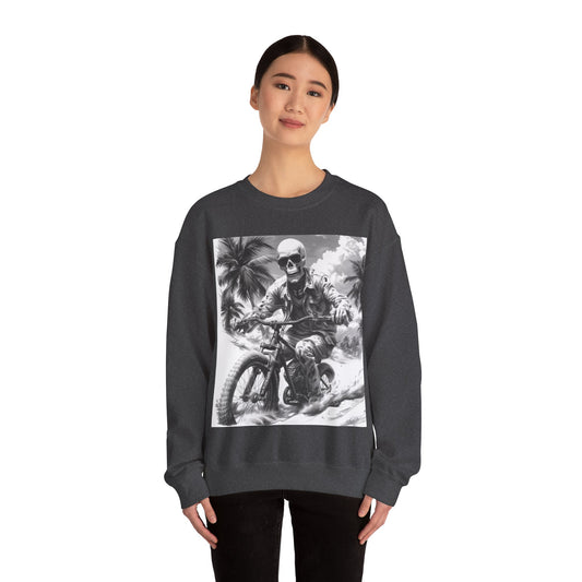 Biker Skeleton Wearing Sunglasses, Riding Sunset Boulevard in California Motorcycle, Unisex Heavy Blend™ Crewneck Sweatshirt
