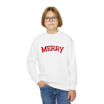 Chenille Merry Emblem, Festive Christmas Holiday Design, Joyful Yuletide Motif, Chic Winter Theme - Youth Crewneck Sweatshirt