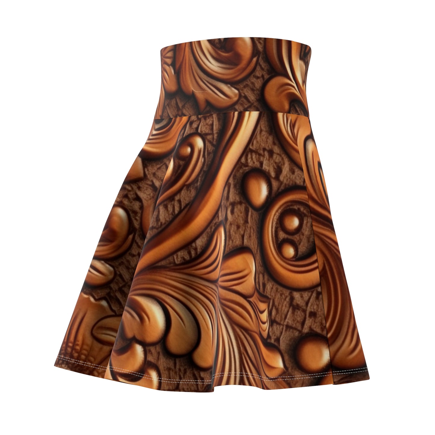 Leather Flower Cognac Classic Brown Timeless American Cowboy Design - Women's Skater Skirt (AOP)