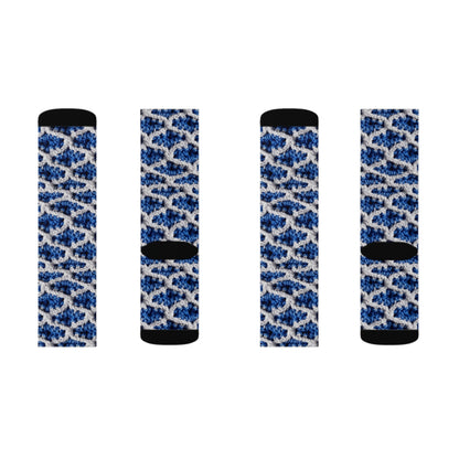 Blueberry Blue Crochet, White Accents, Classic Textured Pattern - Sublimation Socks