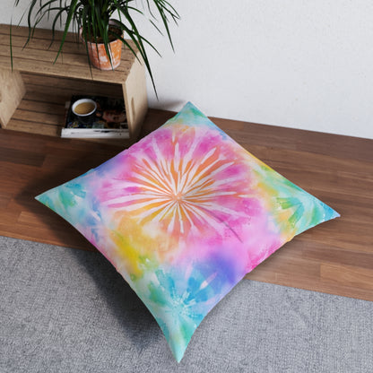 Boho Beach Vibe Pastel Hues Tie-Dye Pattern Design Tufted Floor Pillow, Square