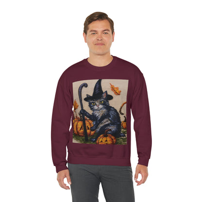 Halloween Cat Magic: Embroidered Style Feline with Pumpkins & Witch Hat - Unisex Heavy Blend™ Crewneck Sweatshirt