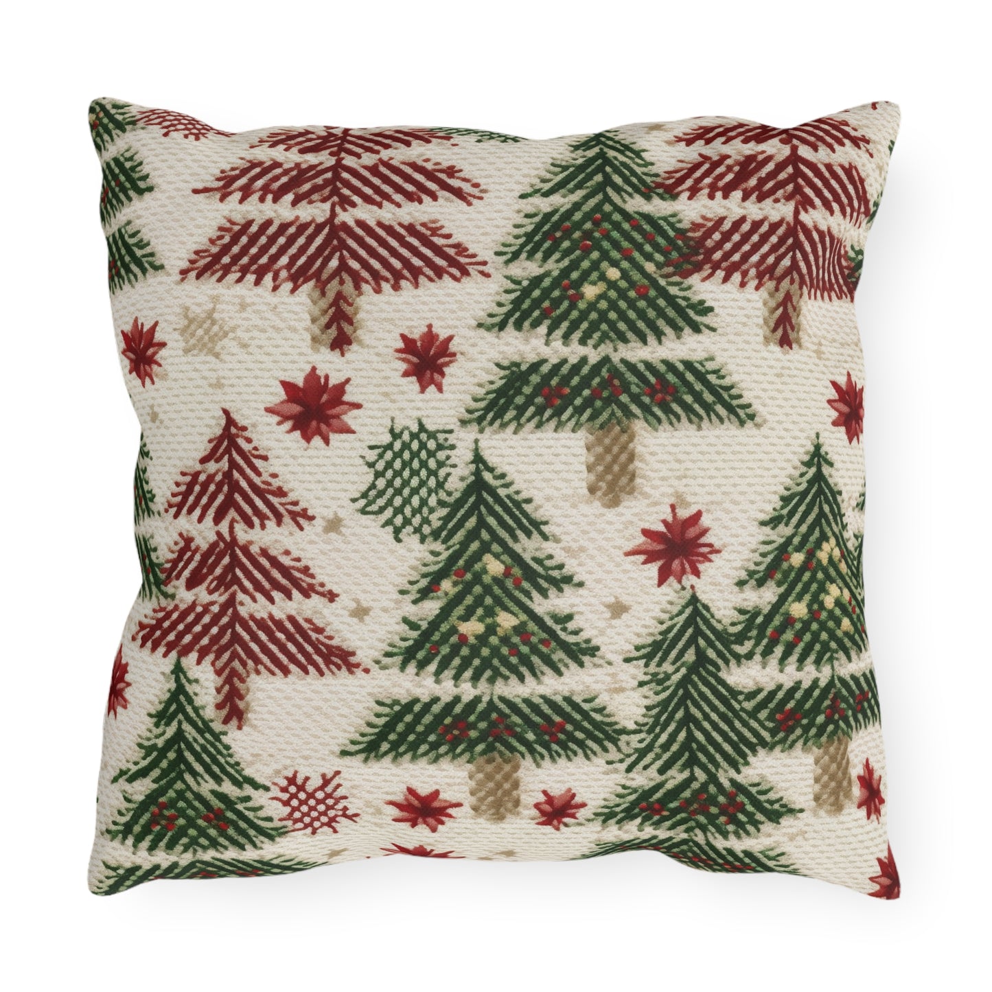 Embroidered Christmas Winter, Festive Holiday Stitching, Classic Seasonal Design - Outdoor Pillows