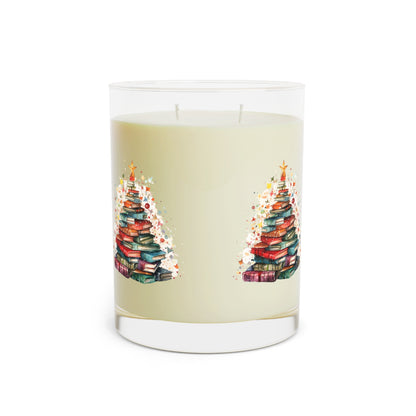 Book Stack Christmas Tree, Festive Holiday Illustration, Cozy Winter Reading Theme, Seasonal Book Lover Artwork - Scented Candle - Full Glass, 11oz