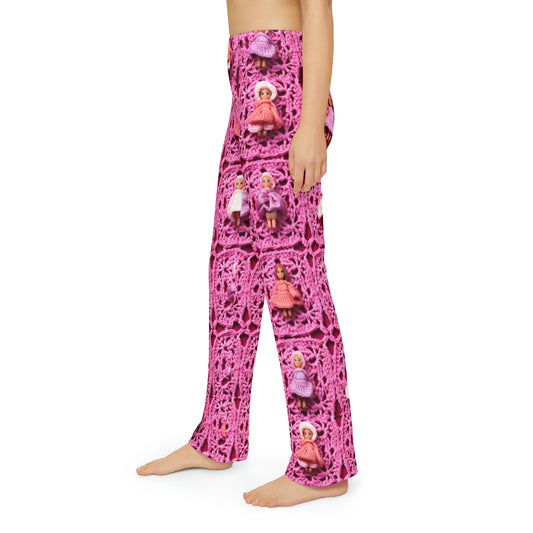 Barbie Dolls on Granny Squares: Realistic Pink Toy Design - Kids Pajama Pants (AOP)