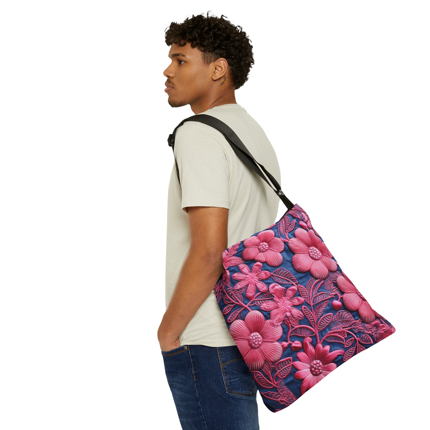 Flores de tela estilo bordado floral rosa muñeca azul denim - Bolso de mano ajustable (AOP) 