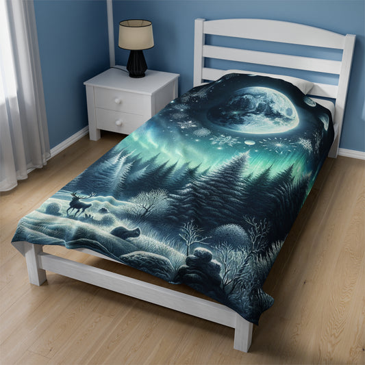 Enchanted Solstice Night: Mystical Winter Scene with Northern Lights and Wildlife - Velveteen Plush Blanket