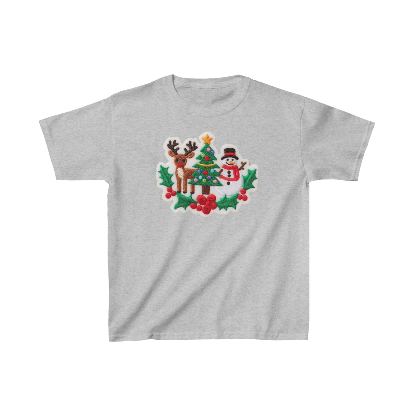 Christmas Snowman & Reindeer Embroidered Patch Design - Kids Heavy Cotton™ Tee