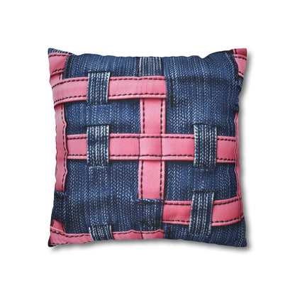 Candy-Striped Crossover: Pink Denim Ribbons Dancing on Blue Stage - Spun Polyester Square Pillow Case