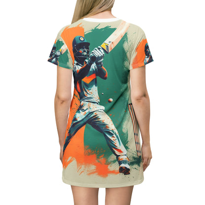 Cricket Batsman, Ball Strike, Indian Flag Color Background - Street Style - T-Shirt Dress (AOP)