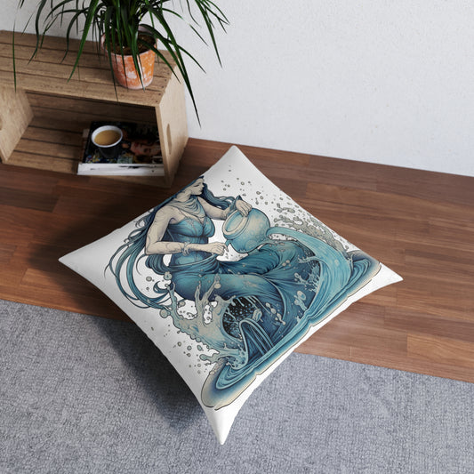 Aquarius Zodiac Symbol - Girl Pouring Water, Hand-Drawn Style - Tufted Floor Pillow, Square