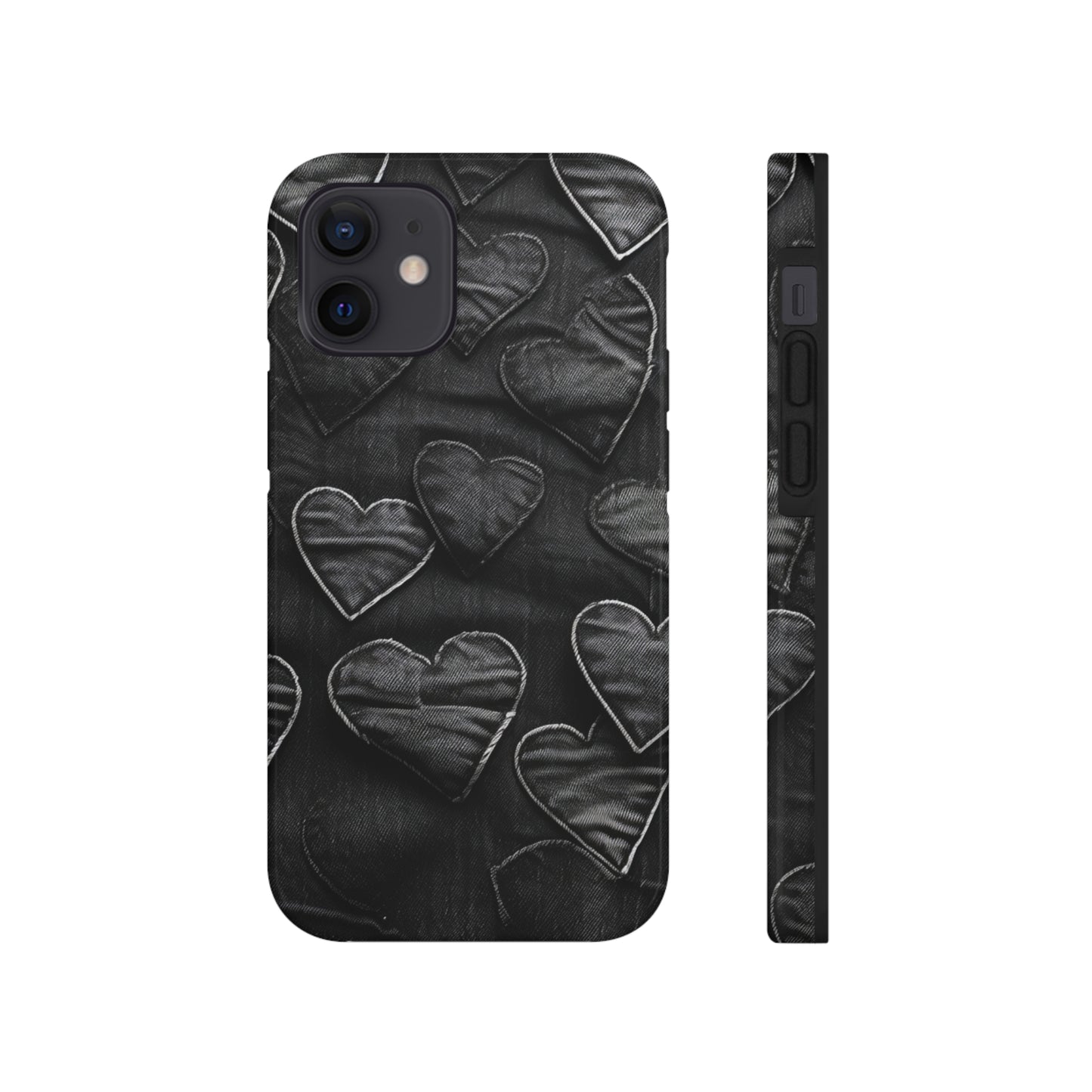 Black: Distressed Denim-Inspired Fabric Heart Embroidery Design - Tough Phone Cases