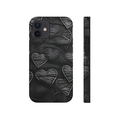 Black: Distressed Denim-Inspired Fabric Heart Embroidery Design - Tough Phone Cases