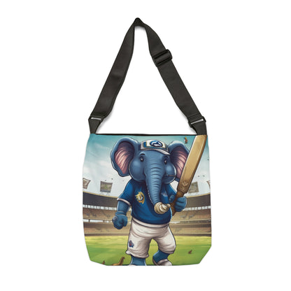 India Elephant Cricket Sport Star: Pitch, Run, Stump Game - Animated Charm - Adjustable Tote Bag (AOP)