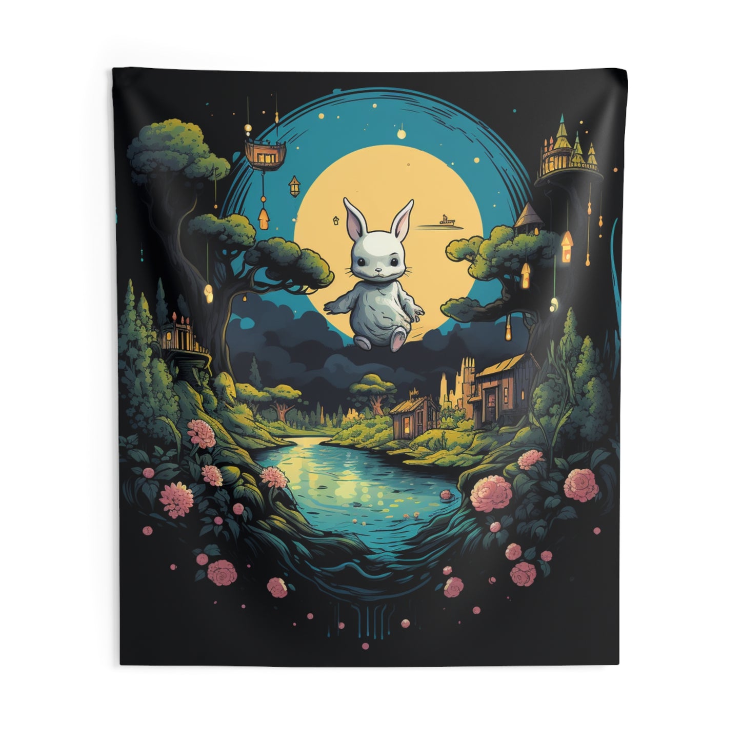 White Rabbit Mystery Psychedelic Fantasy Anime Cartoon Bunny - Indoor Wall Tapestries