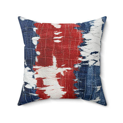 Rojo patriótico, blanco y azul: estilo denim desgastado, tela rasgada - almohada cuadrada de poliéster hilado