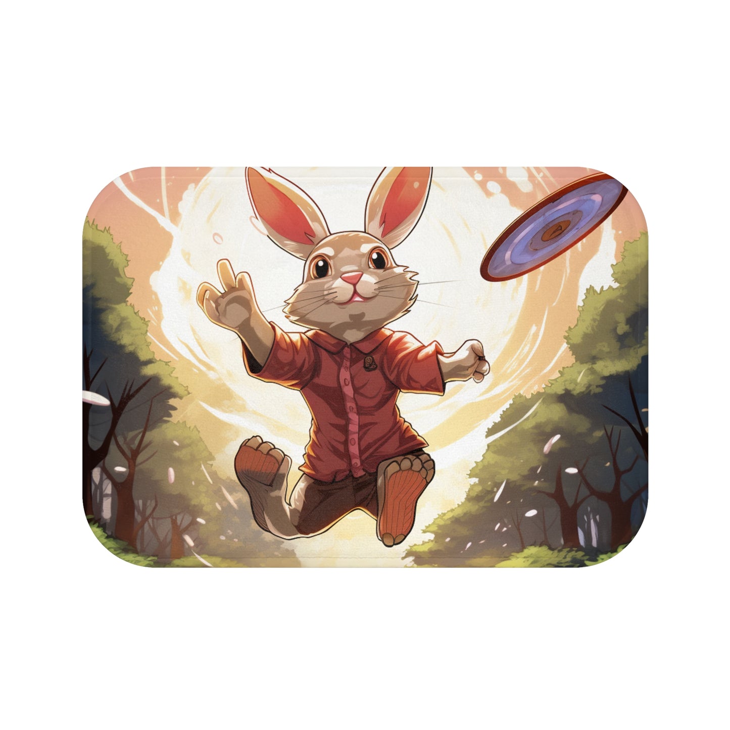 Disc Golf Rabbit: Bunny Aiming Frisbee for Basket Chain - Bath Mat