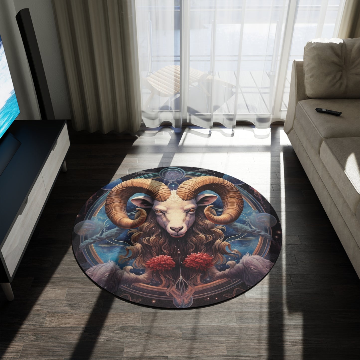 Aries Zodiac Ram - Vibrant Astrological Sign Cosmic Space Symbol - Round Rug