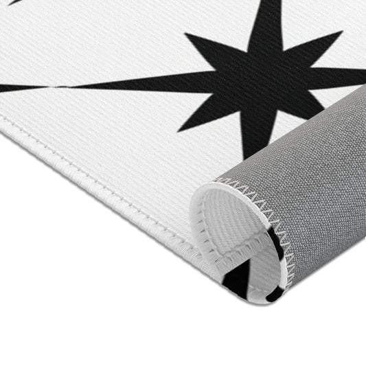 Mid Century Modern Asterisk Design - White & Black Atomic Starburst - Area Rugs