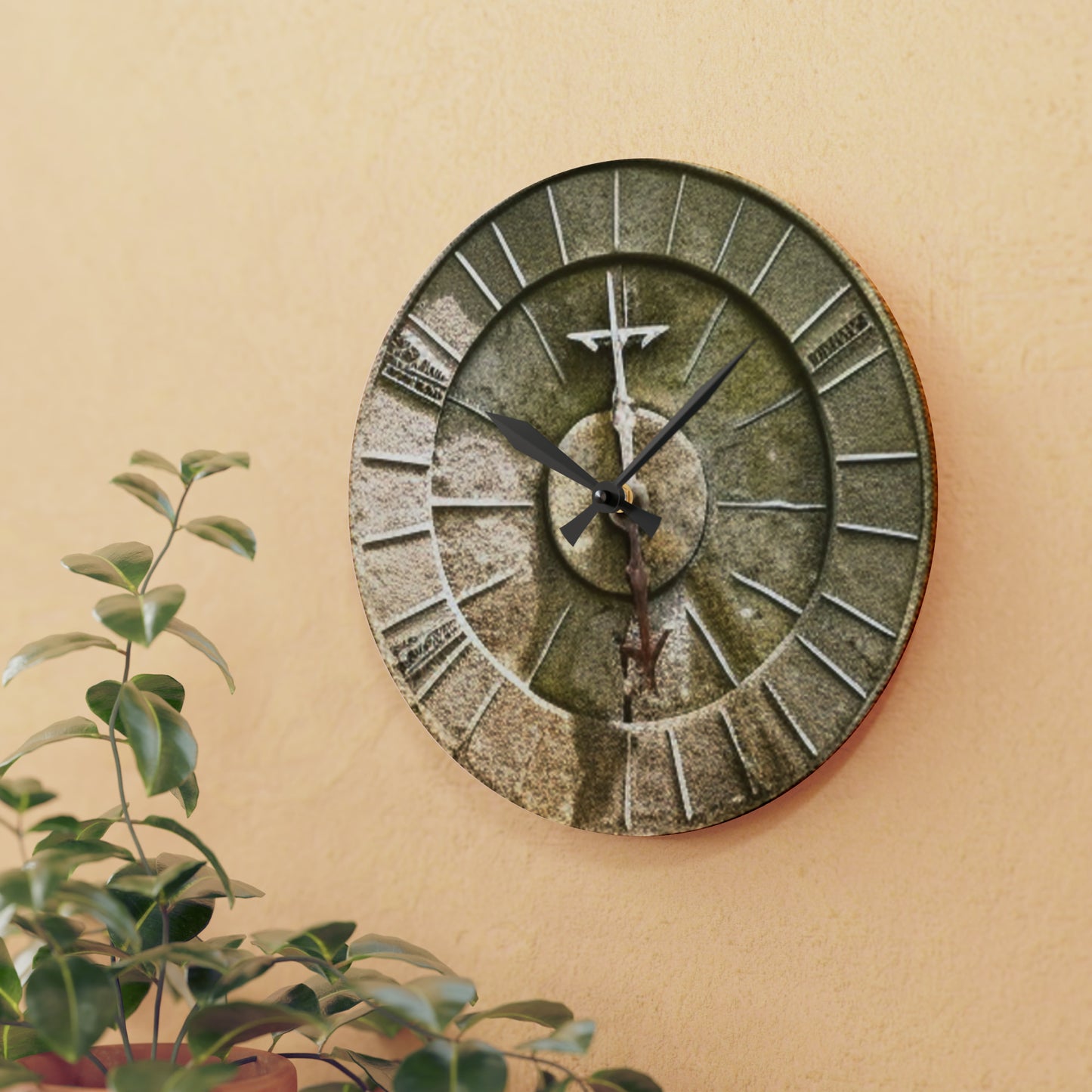 Ancient Stone Sundial, Tranquil Garden, Acrylic Wall Clock