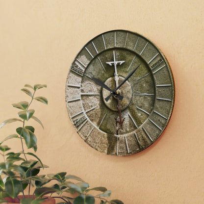 Ancient Stone Sundial, Tranquil Garden, Acrylic Wall Clock