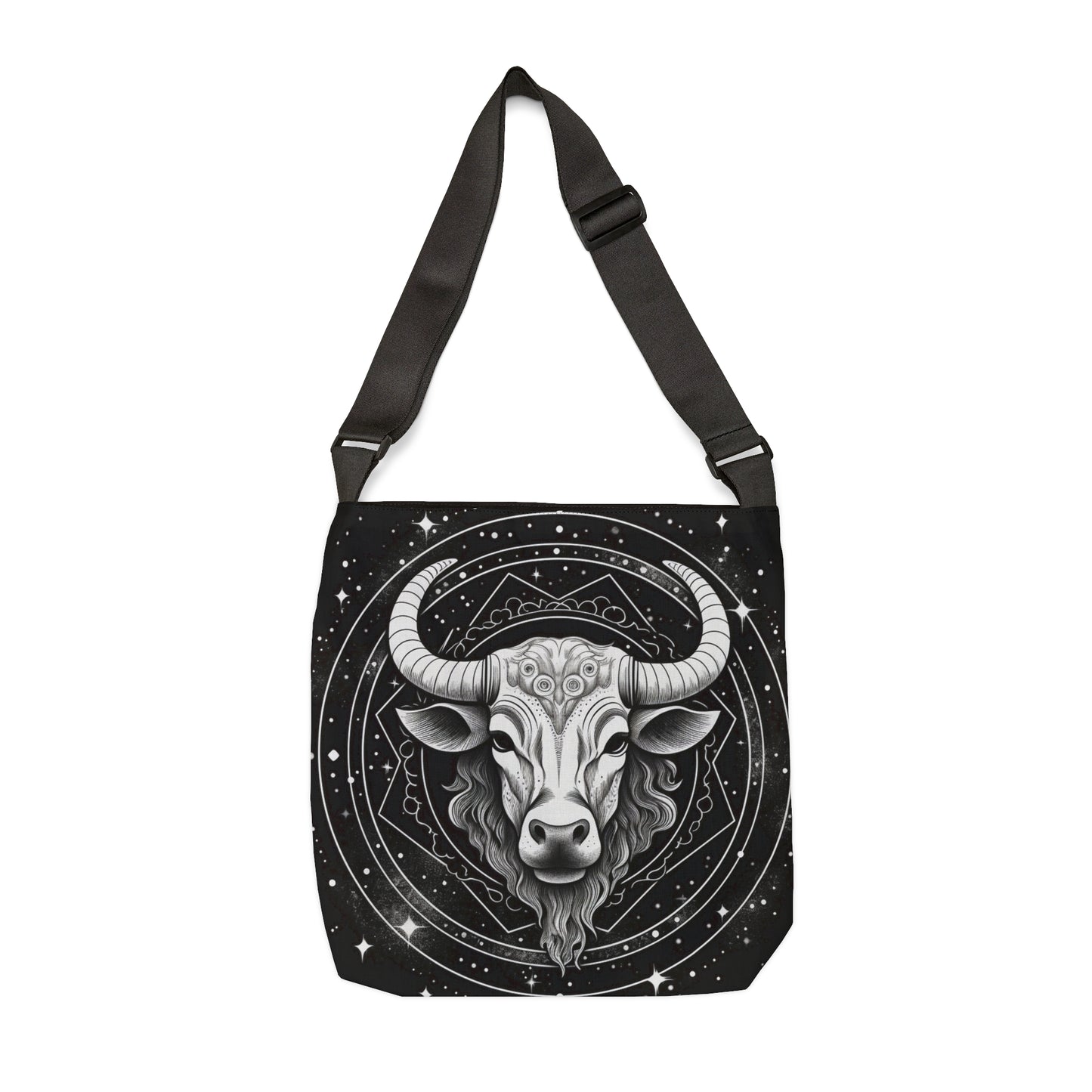 Taurus Zodiac Tote Bag, Black White Bull Design, 100% Spun Polyester, Adjustable Strap