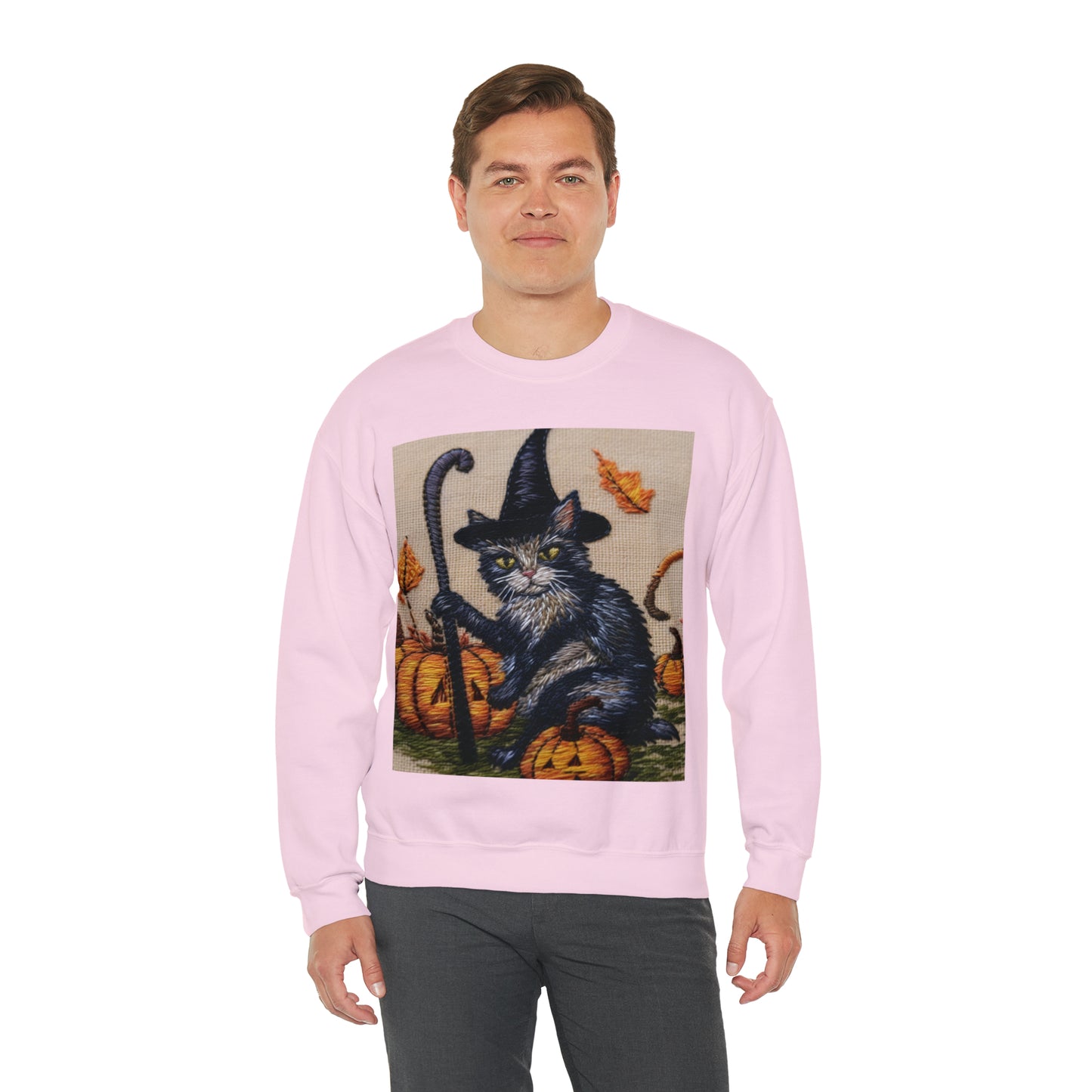 Halloween Cat Magic: Embroidered Style Feline with Pumpkins & Witch Hat - Unisex Heavy Blend™ Crewneck Sweatshirt