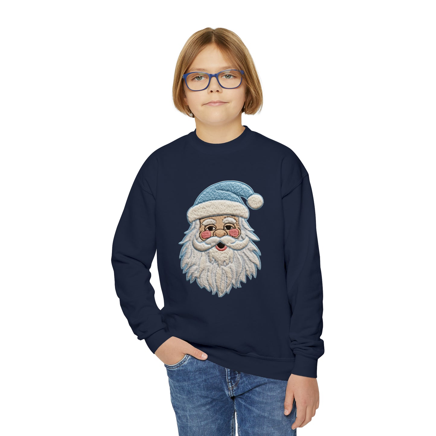 Blue Santa Chenille Patch - Chritmas Hoiday Design - Youth Crewneck Sweatshirt