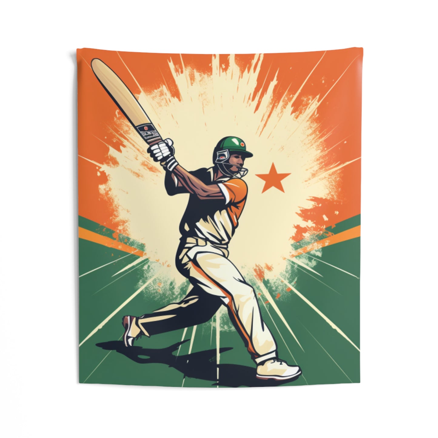 India Cricket Star: Batsman With Willow Bat, National Flag Style - Sport Game - Indoor Wall Tapestries