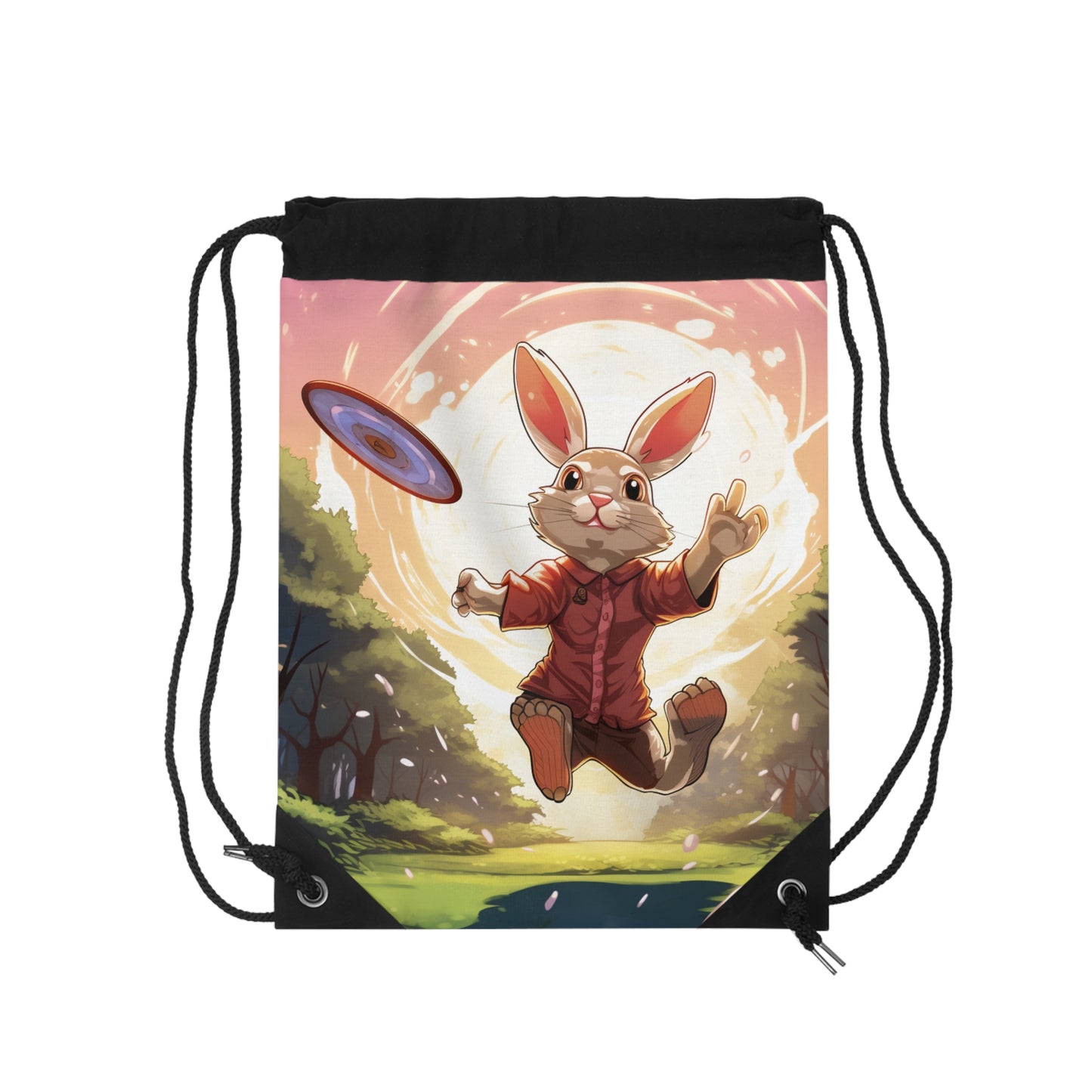 Disc Golf Rabbit: Bunny Aiming Frisbee for Basket Chain - Drawstring Bag