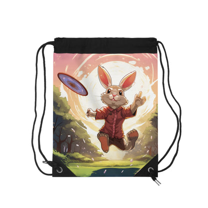 Disc Golf Rabbit: Bunny Aiming Frisbee for Basket Chain - Drawstring Bag